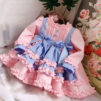Spansk stil pige kjole lolita pink blå prinsesse kjole søde søde bløde bue flæsekanter tutu kjole til baby, børn girls1-6 år