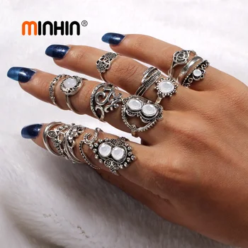 MINHIN 16 STK/Sæt Vintage Kno Opal Finger Ring Set Blomst Hjerte Design Ringe Til Kvinder Etnisk Afrikansk Bryllup Smykker