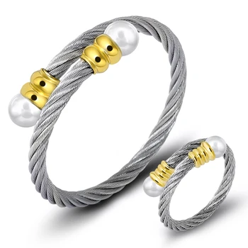 Pearl Kabel-Wire Smykker Sæt Mode Rustfrit Stål armbånd Armbånd Kvinder Shell Pearl Gold Ring og Øreringe Smykker Sæt 5 Farve