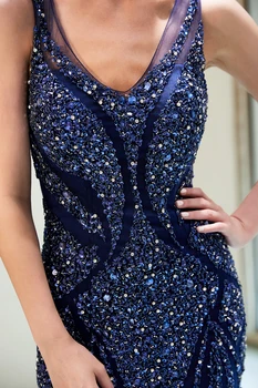 Elegant Dobbelt V-Hals Lange Aften Kjoler 2019 Navy Blå Satin Beaded Perler Crystal Luksus Robe Soiree Dubai abendkleider