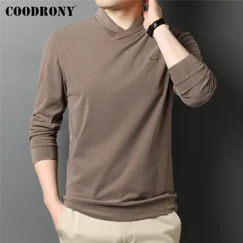 COODRONY Mærke Foråret Efteråret Nye Ankomsten af Høj Kvalitet, Mode Krave Bløde Toppe Ren Farve langærmet T Shirt, Mænds Tøj, C5059