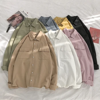 HCXY ren bomuld ny skjorte langærmet mænds casual løs værktøj par efterår trend Hong Kong vind-shirt