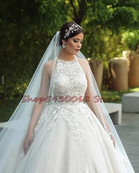 Luksus Lace Muslimske Bride Wedding Kjoler En Linje 2020 Nye Ærmeløs Domstol Tog Brudepige Kjoler Plus Size Robe De Mariee