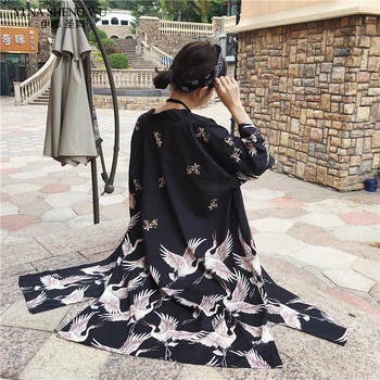 Japansk Kimono Yukata Kimonoer Cardigan Fashion Bluse 2020 Kvinder Langærmet Cardigan Lejligheder Traditionelle Kimonoer Lang Kjole Bælte