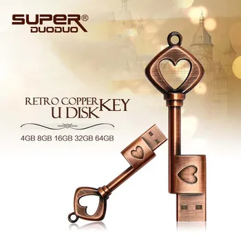 Superduoduo usb-Metal Ren Kobber Hjerte Nøgle Gave USB-Flash-Drev mini-USB-stick-Tasten Ægte 4gb, 8gb, 16gb, 32gb, 64GB Thumb Stick