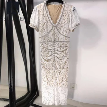 AELESEEN Lace Dress Kvinder 2020 Landingsbane Fashion Lanterne Ærme Perlebesat Diamanter Flæser V-Hals, Slank, Elegant Lang Kjole Part