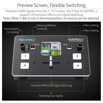 FEELWORLD LIVEPRO L1 Switcher Multi-format-Video-Mixer 4-kanals Mini HD Skifter HDMI-indgange Real Time Live Streaming