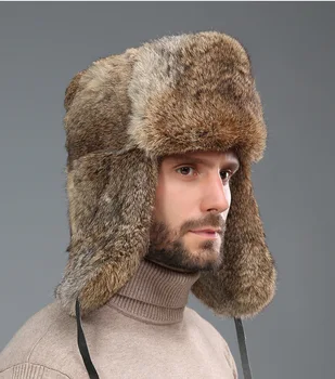 Vinter Bomber Hat For Mænd Kanin Pels Russisk Ushanka Hat, Varm Hue Med Øre Flaps