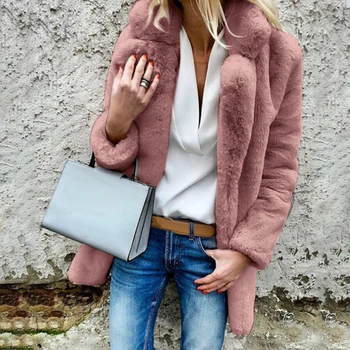 Vinteren Solid Farve Tyk Faux Fur Revers Løs Frakke Kvinder Varm Jakke, frakke kvinder Outwear