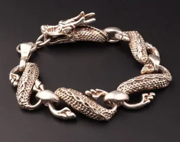 Kinesiske Samling Tibetansk Sølv Udskæring Dyr Dragon Sikker Og Held Og Lykke Statue Armbånd Smykker