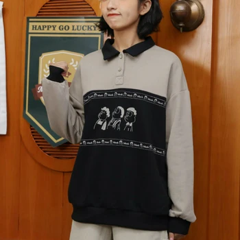 Hættetrøjer Kvinder Revers Tegnefilm Print Harajuku Fyldningsdøre Kawaii Preppy Stil Japansk Bløde Foråret Ny Trend Maleri Smarte Sweatshirts