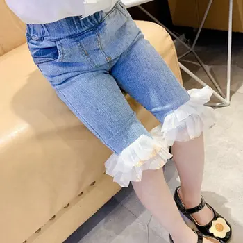 Sommeren koreanske slim denim bukser til børn piger mesh bukser børn tøj barn tøj baby buksetrold blonder flæser jeans Capris