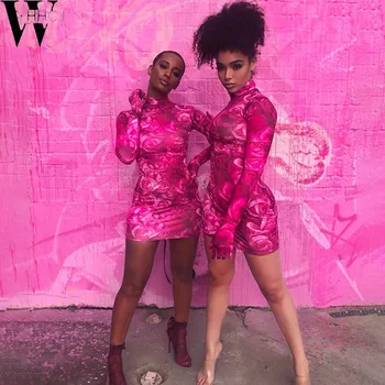 WYHHCJ Blomster Print Sexede Kvinder Mini Kjoler med Handsker med Lange Ærmer Fest Festtøj Pink Mode Bodycon Kjole 2020 Tynde Slank