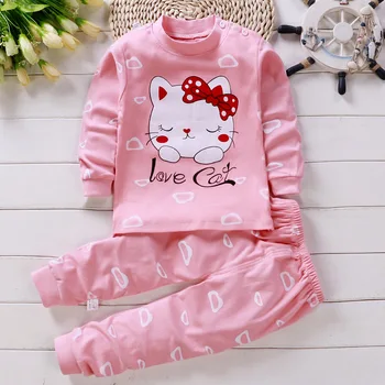 Toddler Kitty Ribbet Pyjamas Sæt Drenge Piger Top Bukser Unisex Blødt Tøj, Nattøj Nattøj Børn, Baby, Kids Langærmet