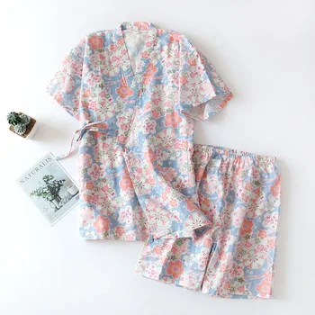 Japansk Sakura kimono Bomulds-Gaze Kvinder Kort Pyjamas Pyjamas Sæt Søde Top+Bukser 2stk Pijama Nattøj Lounge Wear Badekåber