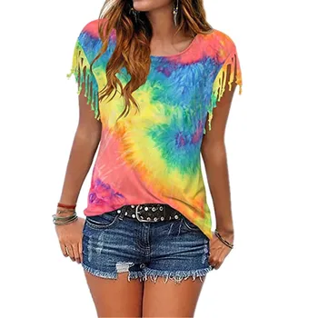 Kvinder Mode Tie Dye Kvast kortærmet T-Shirt Top Rund Hals Rainbow Farverige T-Shirt NYZ Shop