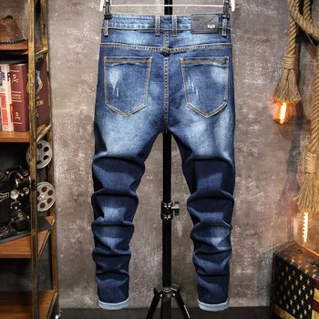 2021 Nye Mænd har Flået Lappe Jeans Ungdom Business Casual Strække Slanke Bukser Mandlige koreansk Mode Trend Brand Blå Denim Bukser