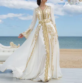 Hvid Chiffon Luksus Aften Kjoler Golden Blonde Pynt Marokkanske Kaftan Dubai Mor Kjole Arabisk Muslimske Speciel Lejlighed