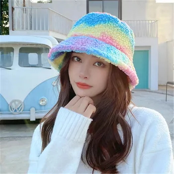 Efterår og Vinter Fiskeri Hat Mode koreanske Tie Dye Flerfarvet Bucket Hat Kvinder Mænd Varm Imiteret Pels Fishermant Hat bob
