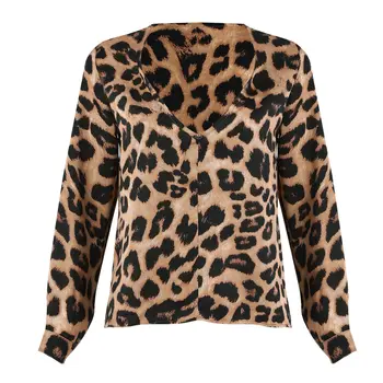 Fashion Kvinder Casual Leopard Lange Ærmer  Dyb V-Hals, Løs T-shirt, Toppe Størrelse S-XL