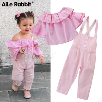 Børn s Tøj Sæt One-shoulder Lotus Blad Top Bib Sæt 2 delt Pink Passer Kids Tøj Boutique-Brand Beklædningsgenstande Europa INS