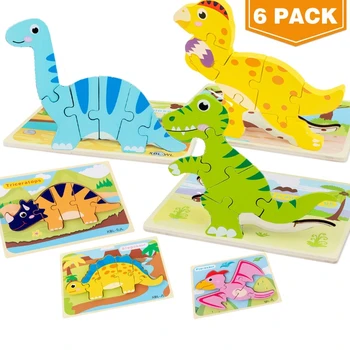 Toddler Gåder 6 Pack Dinosaur Træ-Puslespil for Barn 2 Børn 3 4 År Gamle, L4MC