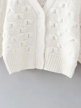 2020 hvide strikkede jakker kvinder cardigans pels lanterne ærme kort jakke hule v-hals cardigans