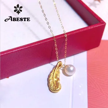 ANI 18K Au750 Solid Gul Guld Kæde Kvinder Engagement Halskæde Mini Fjer Form Ferskvand Fashion Perle 24k Guld Vedhæng