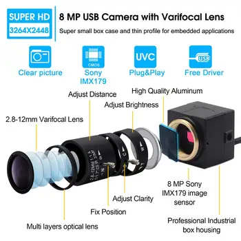 8MP HD SONY IMX179 Usb Video Webcam Mini Box Overvågning USB-Kamera, med 2.8-12mm Varifocal CS Linse til Android,Linux ,Windows