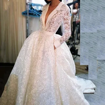 Hvid Muslimske Aften Kjoler 2021 Bolden Kjole V-hals Lange Ærmer Lace Islamiske Dubai Saudi-arabisk Elegant Lang Aften Kjole Prom