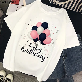 Tillykke med Fødselsdagen Brev Harajuku T-Shirt Kvinder Kawaii Balloner Print T-shirt Casual Vogue Plus Size t-shirt Mode Top Tees Kvindelige
