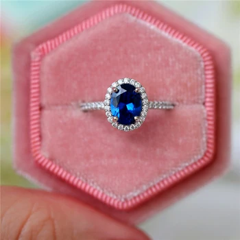 Luksus Kvindelige Krystal Blå Oval Sten Ring I Sølv Farve Bryllup Finger Ring Løfte Kabale Engagement Ringe Til Kvinder