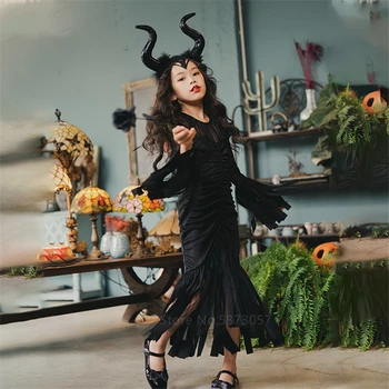 Vampyr Cosplay børnenes Dag Gotiske Demon Cosplay Pige Heks Sort Rød Kjole Horn Halloween Kostume til Børn Carnival Part