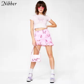 Nibber sommer pink sød Sommerfugl print bomuld crop tops women2019fashion high street, casual t-shirts Basic-Slank kortærmet tshirt