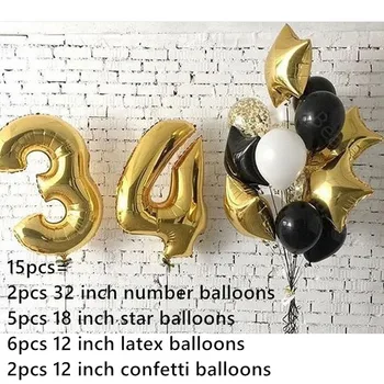 15pcs/meget Stor Størrelse 32 tommer Gold Star Antal Folie Balloner, helium, konfetti Voksen 34th Fødselsdag, Jubilæum Part Indretning Globos
