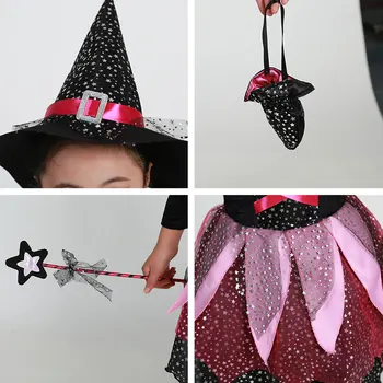 Børn Piger Cosplay Halloween Heks Nederdel Kjole Kostume dragt med en Hat Wand Slik Pose til Ferie Karneval Fancy Kjole Part