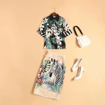 SEQINYY Høj Kvalitet Sæt 2020 Sommer Forår Nye Mode Design Korte Ærmer Blad Blomst Printet Skjorte + Beige Midi-Nederdel
