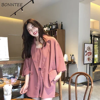 Blazere Til Kvinder Enkle Elegante Koreansk Stil Smarte Løs Kvindelige Enkelt Knap Lommer Dame Fritid Tre Kvarter Trendy Udendørs