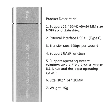 Aluminium USB 3.1 Type-C til M. 2 NGFF SSD Tilfælde Bærbar PC 6 gbps Ekstern Harddisk Disk Mobile Eksterne Kabinet Sag
