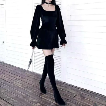 2020 Elegante Velvet Korte Mini-Kvinder Kjole Sort Puff Ærmer Gothic Lolita Retro Vintage, Party Dress Goth Punk Streetwear