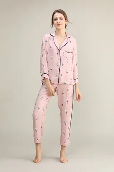Sommeren Trykt Bomuld Pyjamas Sæt Løs Stil, med Lange Ærmer Toppe med Bukser Hjem Tøj To-stykke Pijama Kvinder Pyjamas