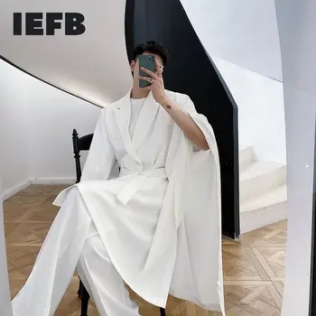 IEFB /herretøj Niche personlighed uregelmæssige Kreativitet fashionable dragt, frakke for par sort hvid blazere med bælte nye Y3382