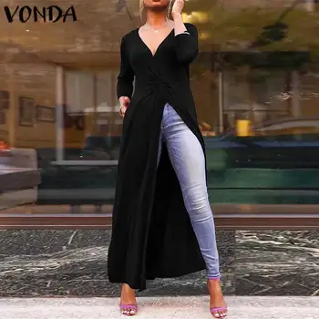 Langærmet Split-Shirts Kvinder Asymmetrisk Part Bluse 2021 VONDA Mode Toppe Kvindelige Casual Blusas Femininas Plus Size Shirts
