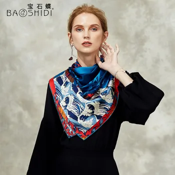 [BAOSHIDI] Silke Satin Tørklæde, Kvinder Firkantet Sjal, serigrafi Kvindelige Tørklæder,Elegante damer, tørklæder,Hånd-rullede tørklæde