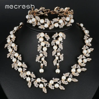 Mecresh Simuleret Perle Brude Smykker Sæt Guld-Farve Halskæde Sæt Bryllup Smykker Parure Bijoux Femme TL283+SL089