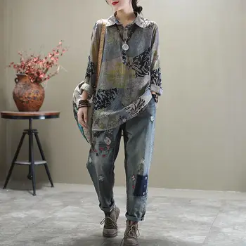 Nye Ankomst 2020 Foråret Korea Fashion Kvinder Casual Løs Bomuld, Denim Harem Bukser, Vintage Broderi Jeans Plus Size S598