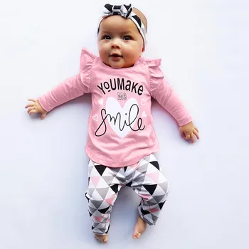 2020 mode pink tøj baby hårbånd spædbarn pige tøj Brev Print-Toppe Geometriske Bukser Outfits Sæt baby meisje kleding t5