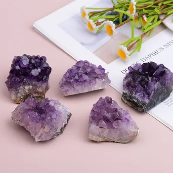 Natural Amethyst Crystal Cluster Kvarts Rå Krystaller, Healing Stone Lilla Reiki Feng Shui Sten, Malm Mineral boligindretning, 1stk