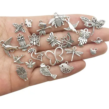 34pcs Tibetansk Sølv forgyldt Blandet perle Charms Fugl, ugle sommerfugl Tema Vedhæng DIY Perler Smykker Tilbehør