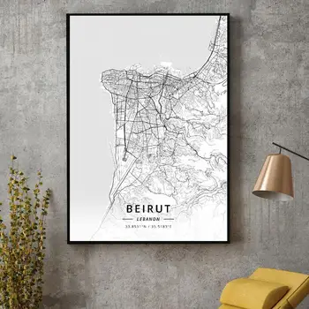 Sort og Hvid Beirut, Libanon Breddegrad Længdegrad Lærred Kunst Plakat Kort